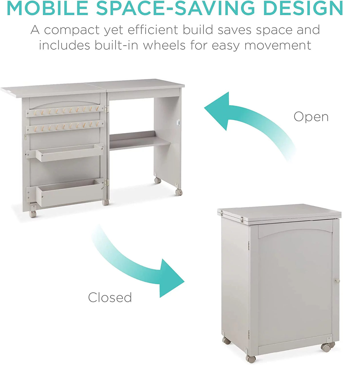 Folding Sewing Table Craft Station with Wheels Shelves Storage Trays Gray N411