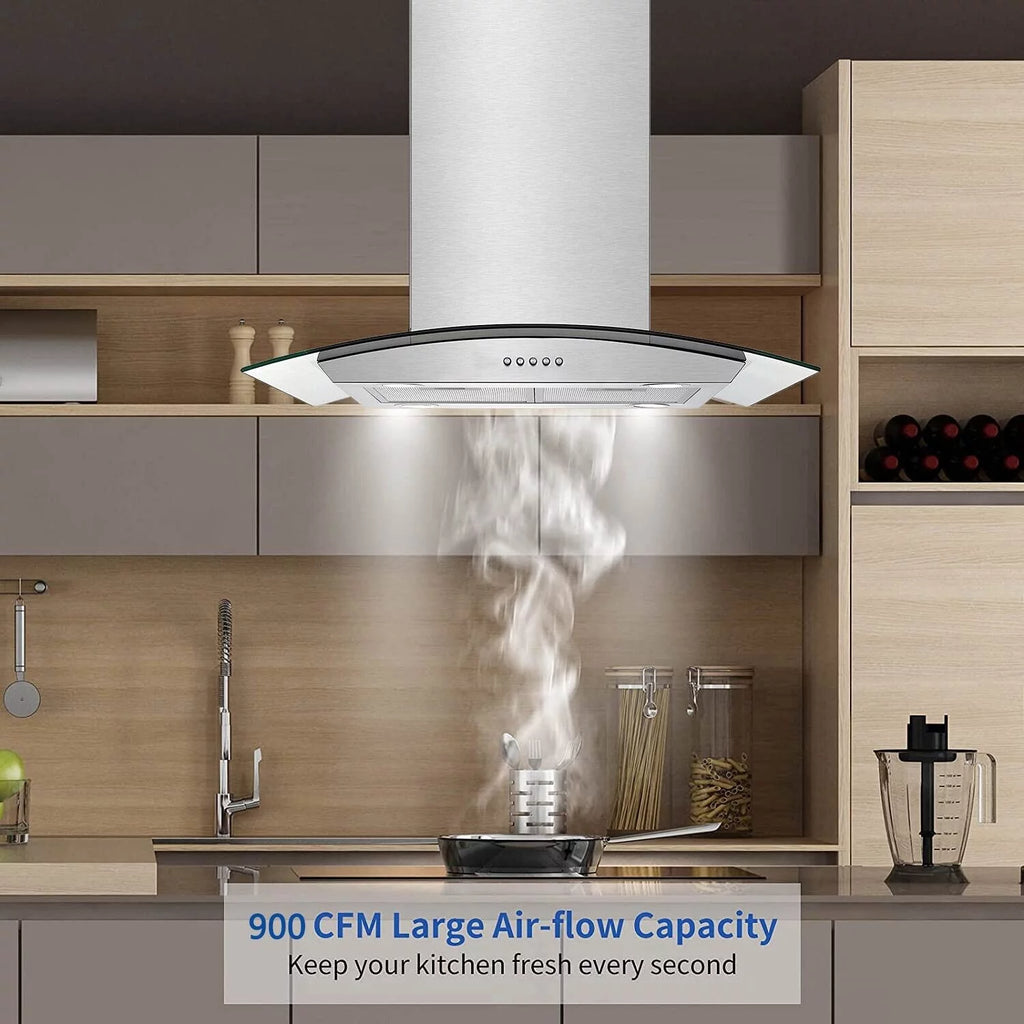 30 inch Island Mount Range Hood 900CFM Tempered Glass Stainless Steel C600978