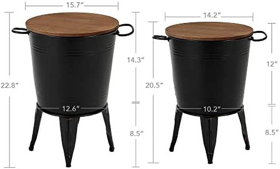 Galvanized Metal Bin with Round Wood Lid Set of 2 G815