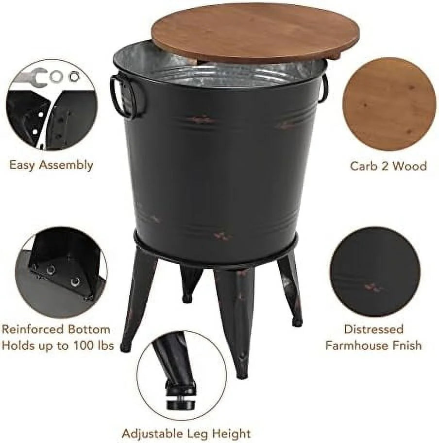 Galvanized Metal Bin with Round Wood Lid Set of 2 G815