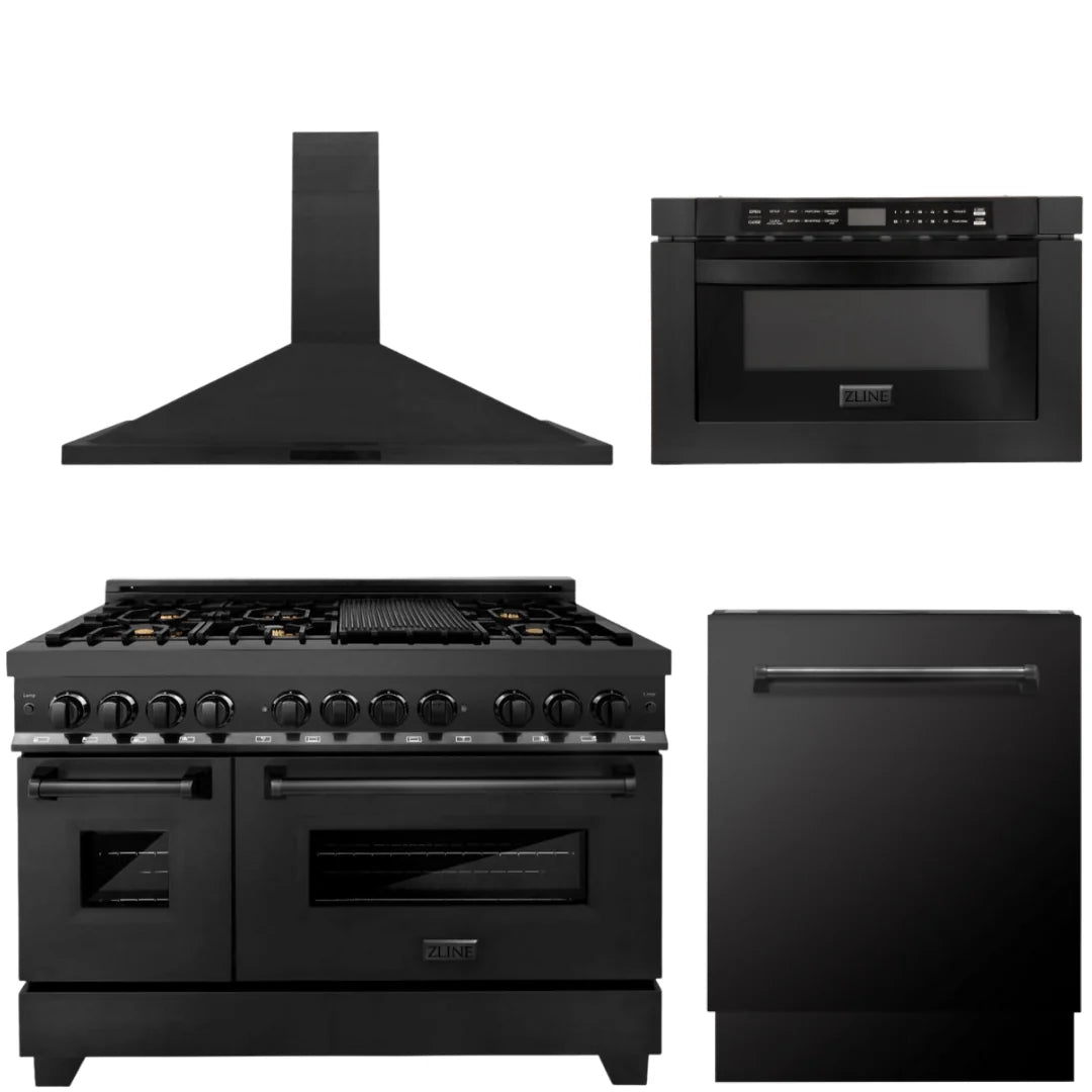 48 In. Dual Fuel Range, Range Hood, Microwave and Dishwasher in Black Stainless Steel K86384