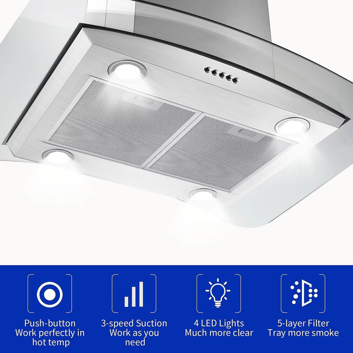 30 inch Island Mount Range Hood 900CFM Tempered Glass Stainless Steel C600978