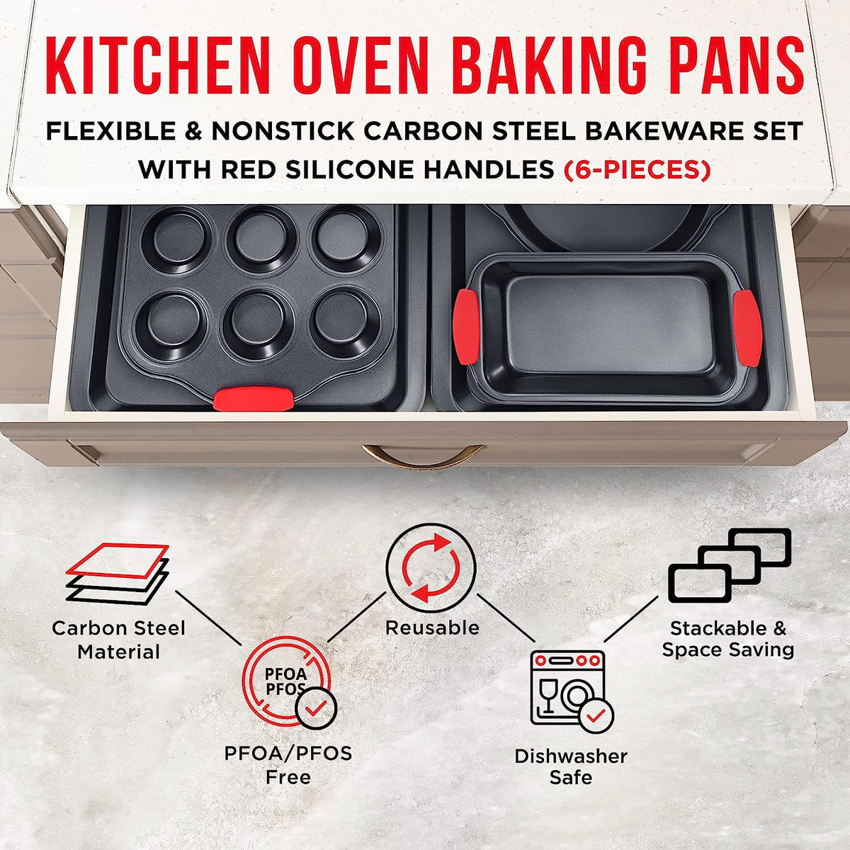 6 Piece Non-Stick Carbon Steel Bakeware Set with Red Silicone Handles S55783