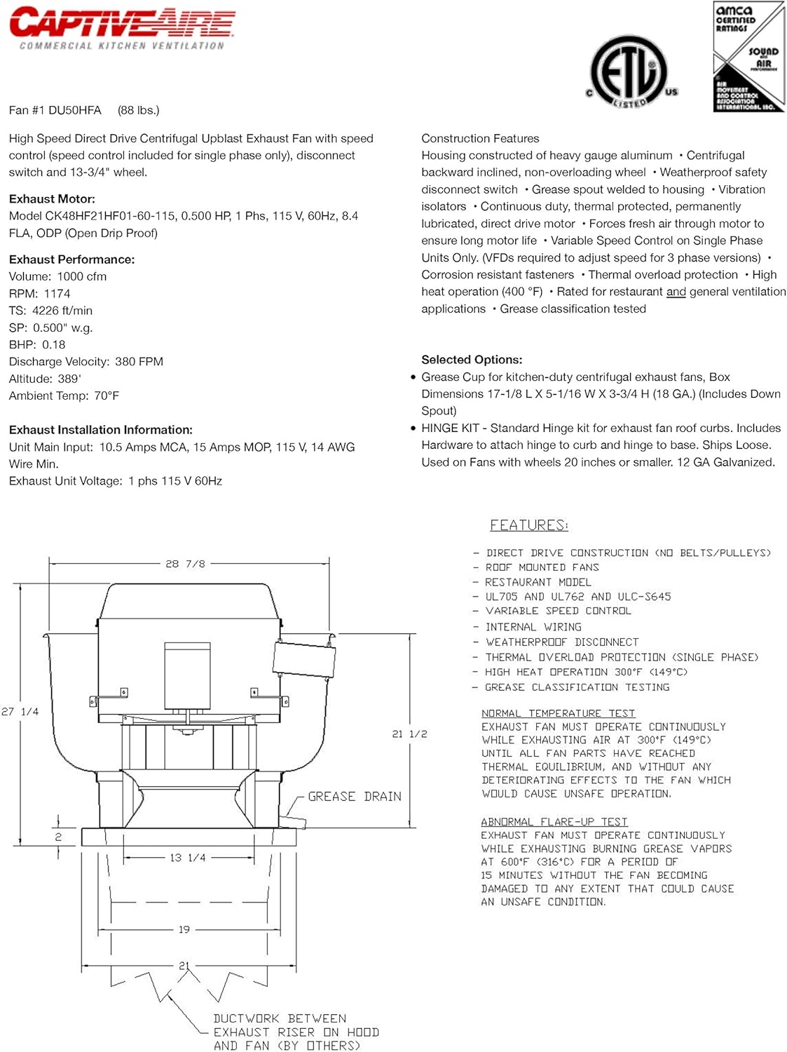 High Speed Direct Drive Centrifugal Upblast Exhaust Fan with Speed Control M98937