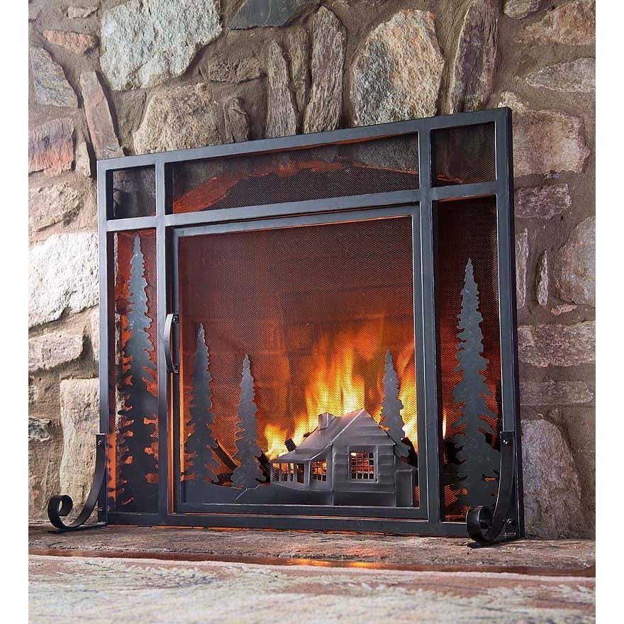 Mountain Cabin Fireplace Fire Screen with Door O67245