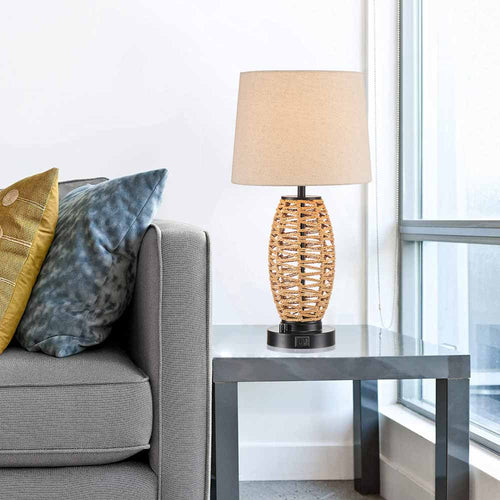 0-100% Dimmable Coastal Rattan Table Lamp with 2 USB Ports M326