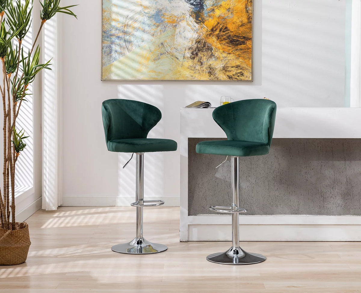 Green Velvet Adjustable Swivel Bar Stools Set of 2 U2207