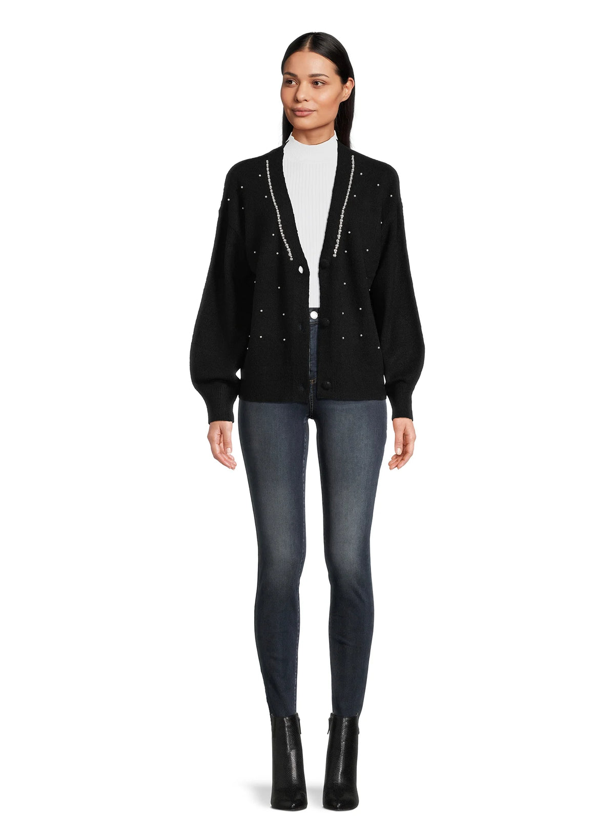 Women's V-Neck Embellished Button Front Cardigan with Long Sleeves P121650