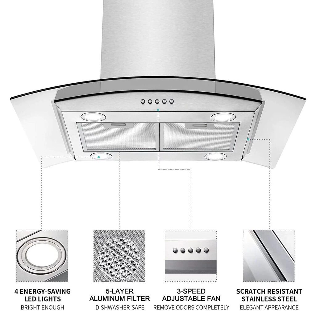 30 inch Island Mount Range Hood 900CFM Tempered Glass Stainless Steel C600978