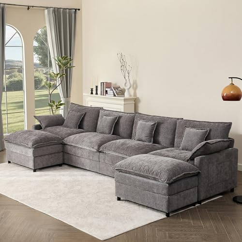 Black Chenille U Shaped Modular Sectional Sofa with Ottoman Y314
