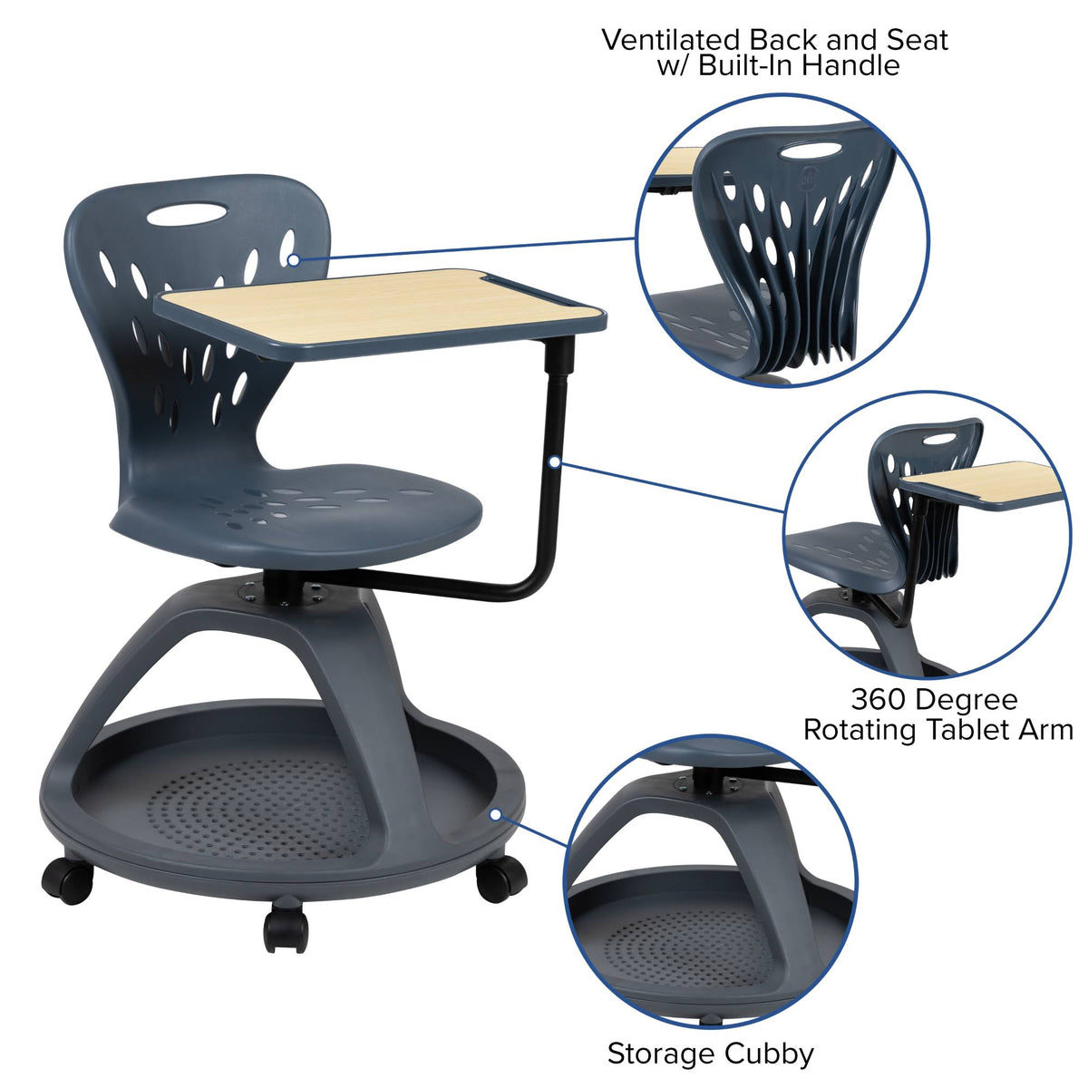 Dark Gray Mobile Desk Chair with Under Seat Storage Cubby Y9667