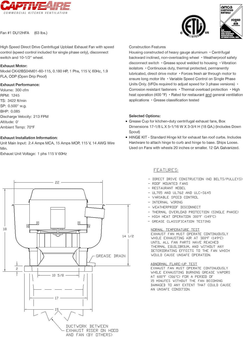 High Speed Direct Drive Centrifugal Upblast Exhaust Fan with Speed Control M98937