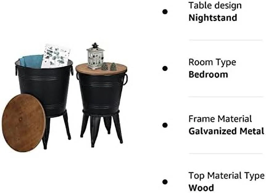 Galvanized Metal Bin with Round Wood Lid Set of 2 G815