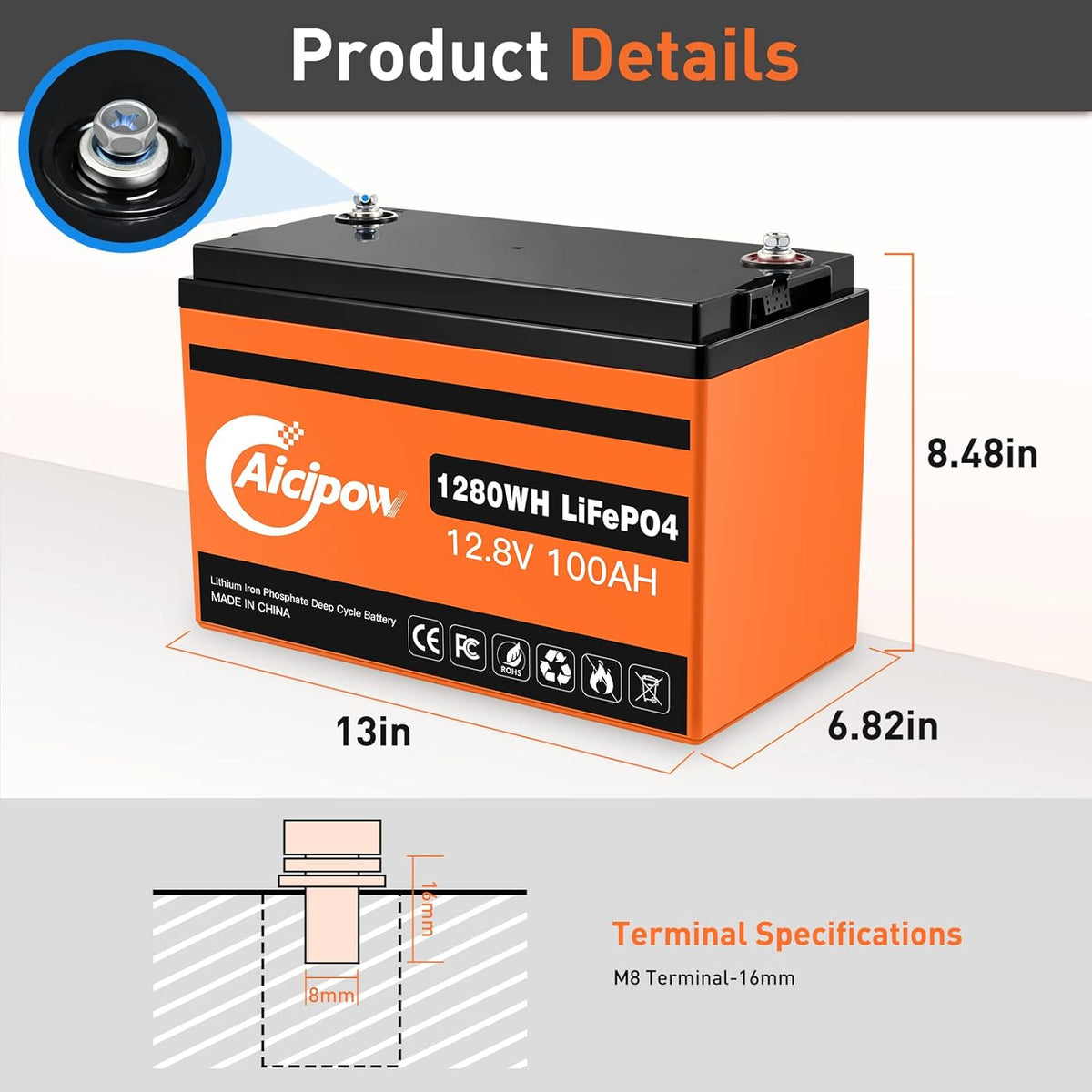 LiFePO4 Battery 100Ah 12.8V with Built-in 100A BMS C9518