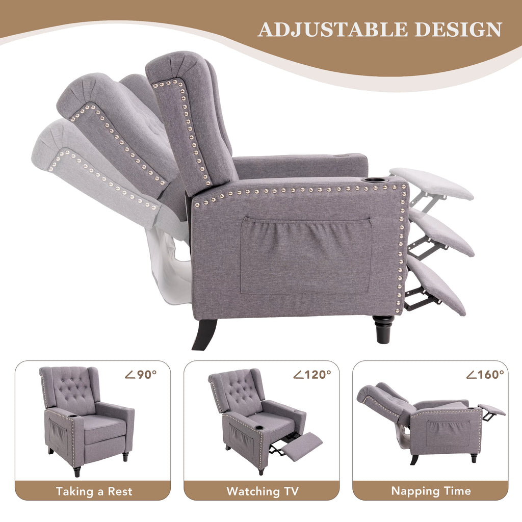 Light Grey Tufted Cotton Wingback Recliner Chair Z343176