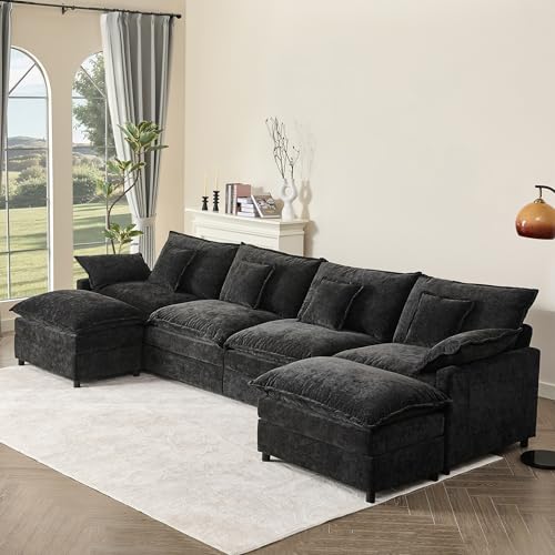 Black Chenille U Shaped Modular Sectional Sofa with Ottoman Y314