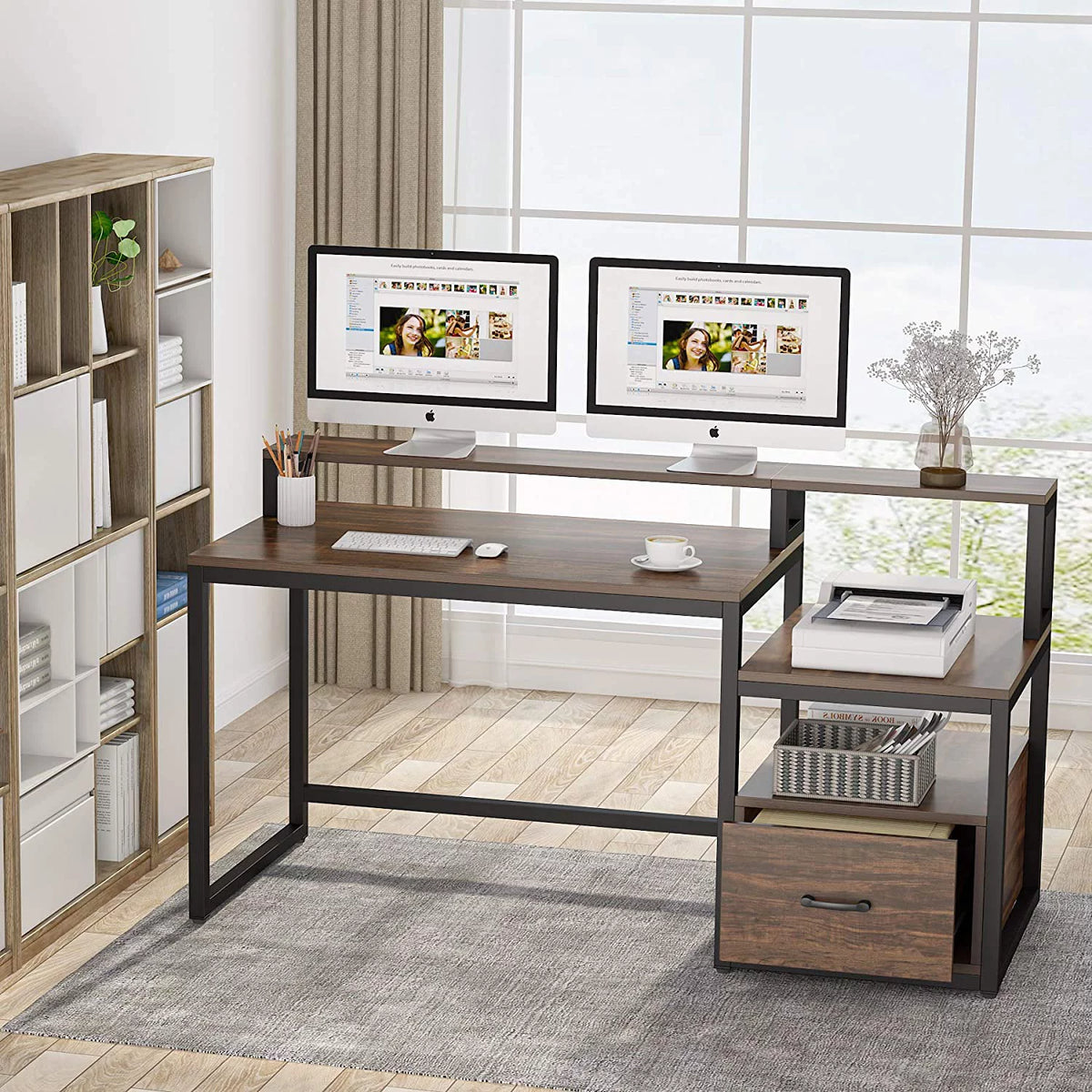 59 inch Computer Desk with Storage Shelves and File Drawer G881367