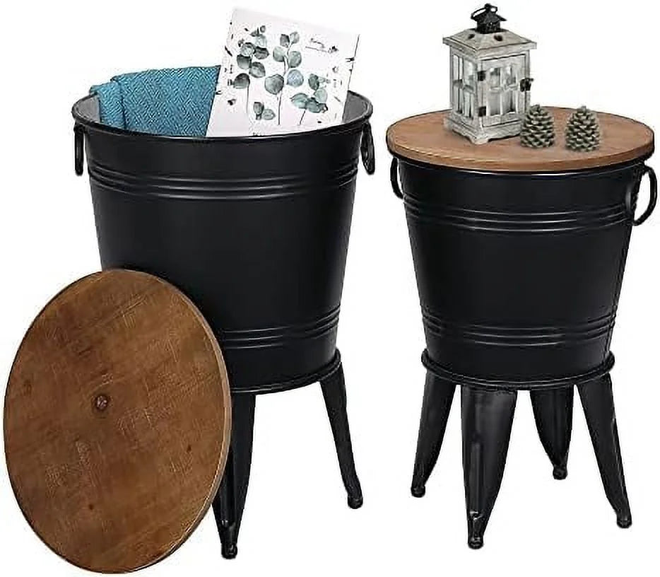 Galvanized Metal Bin with Round Wood Lid Set of 2 G815