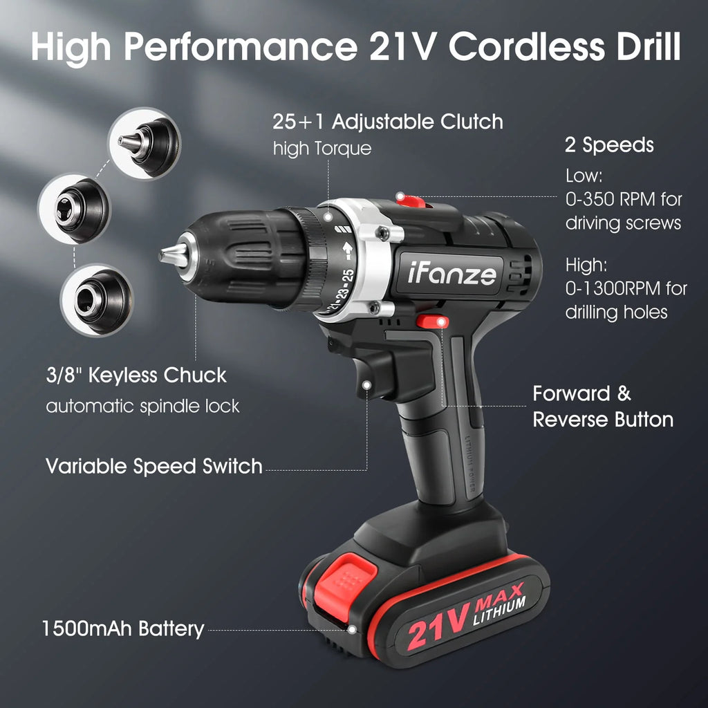 21V Cordless 3/8 inch Power Drill Driver Set with 2 Batteries D5861