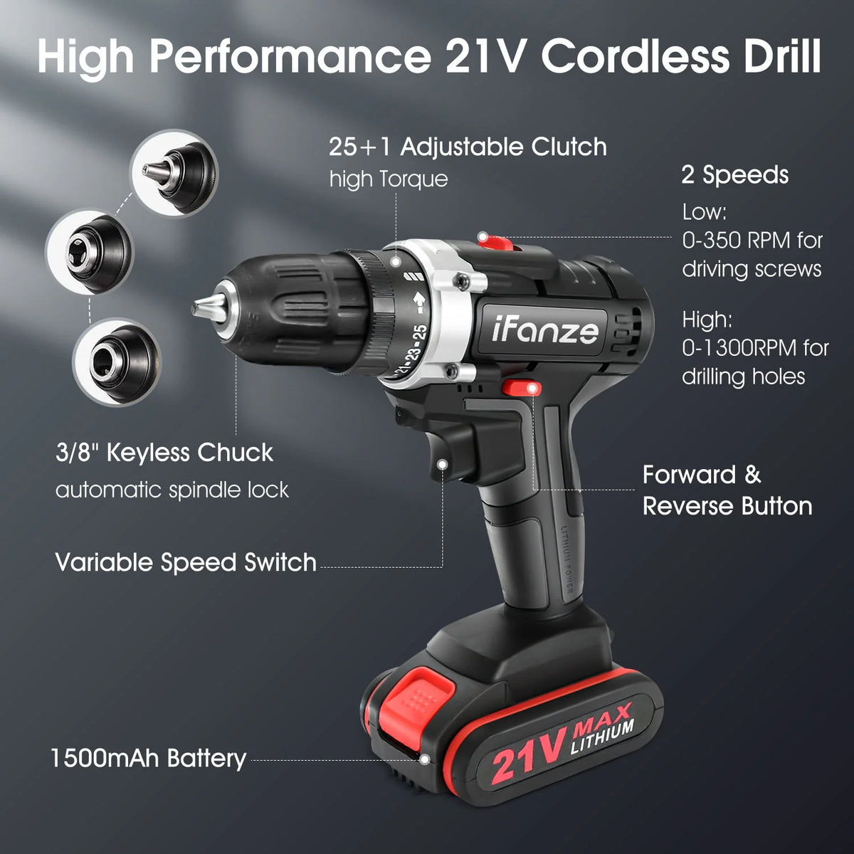 21V Cordless 3/8 inch Power Drill Driver Set with 2 Batteries D5861