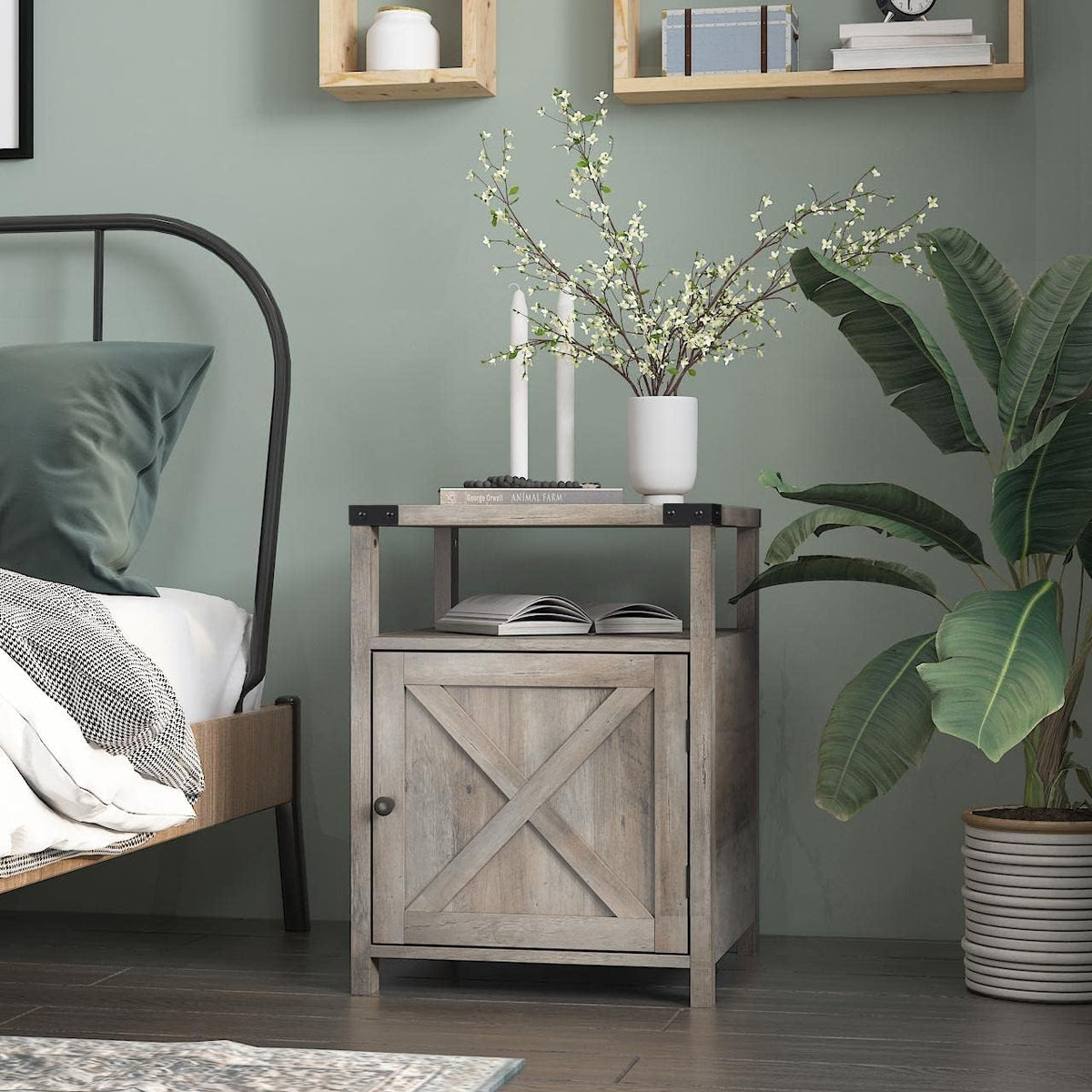 Gray Wood Nightstand with Cabinet and Shelf Q5966