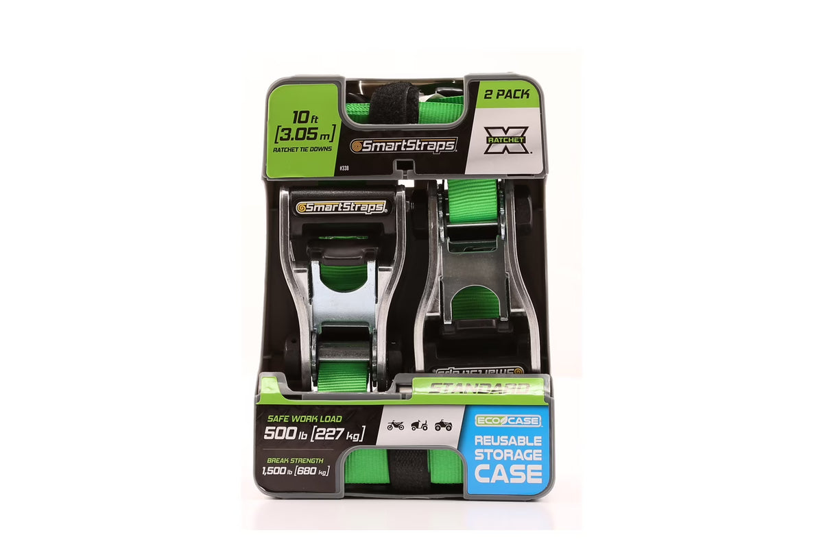 2 Pack 1in x 10ft 1500lb Green Ratchet Tie Down V6867