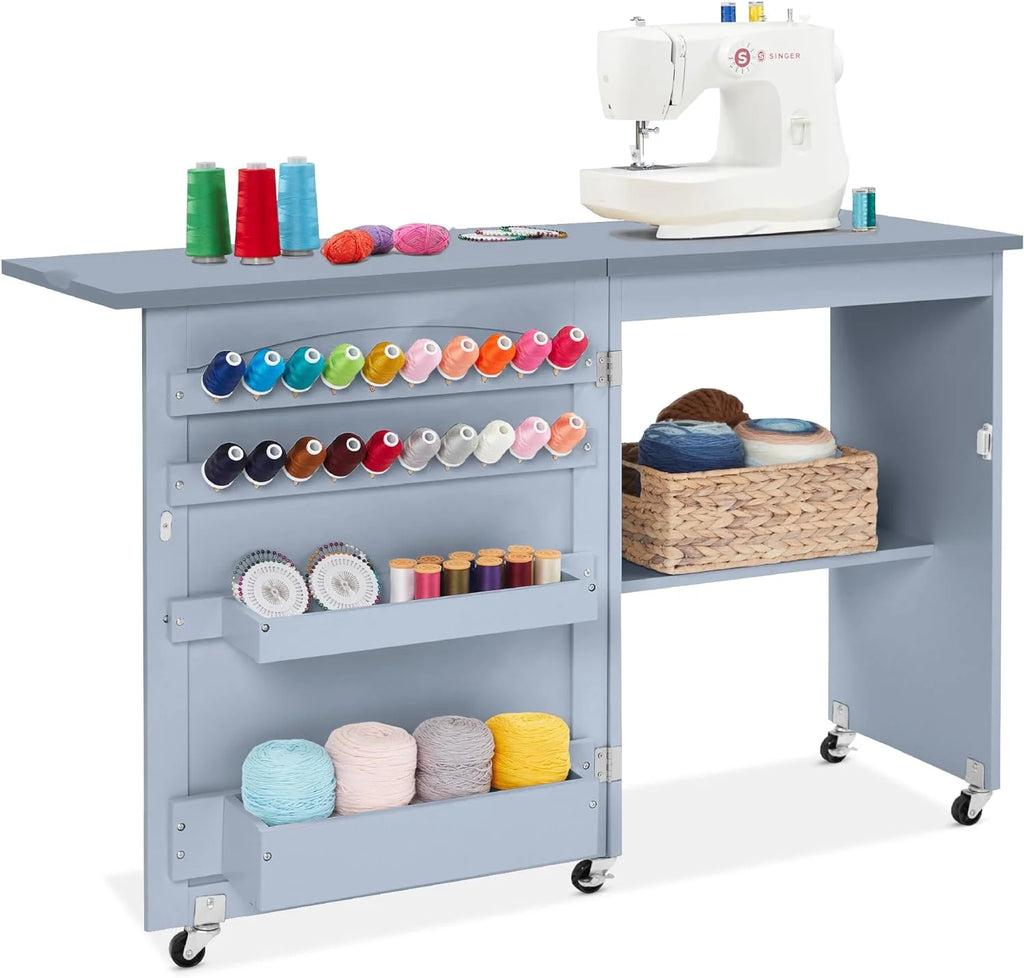 Folding Sewing Table Craft Station with Wheels Shelves Storage Trays Gray N411