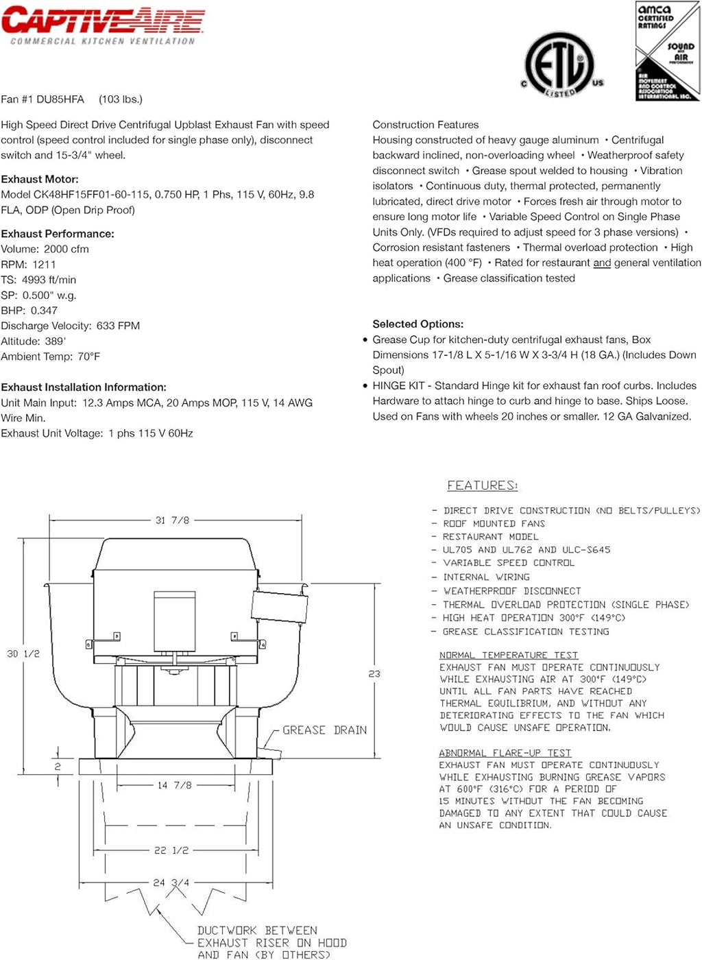 High Speed Direct Drive Centrifugal Upblast Exhaust Fan with Speed Control M98937