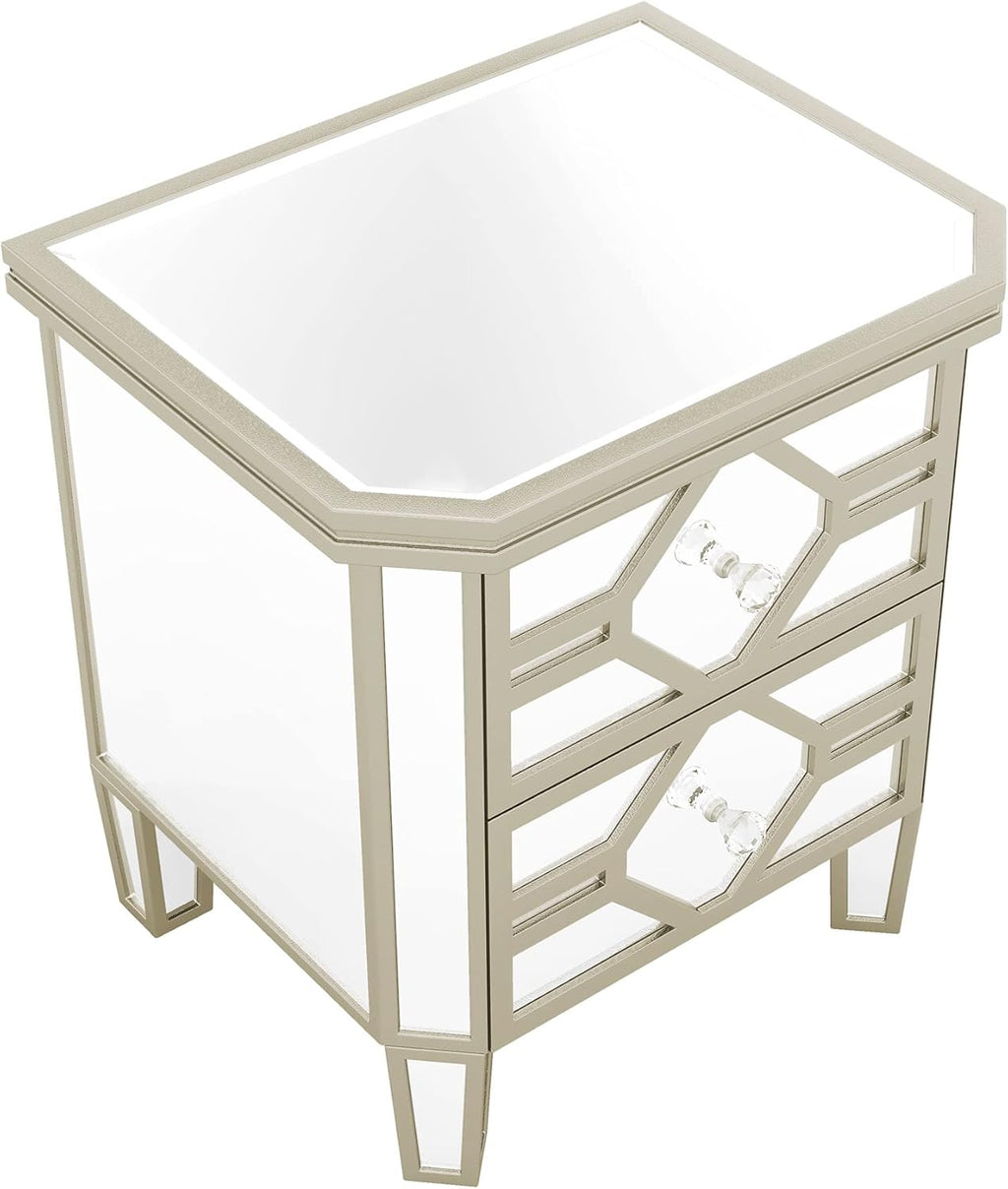 Mirrored 2-Drawer Nightstand End Table with Golden Lines, Silver O5462