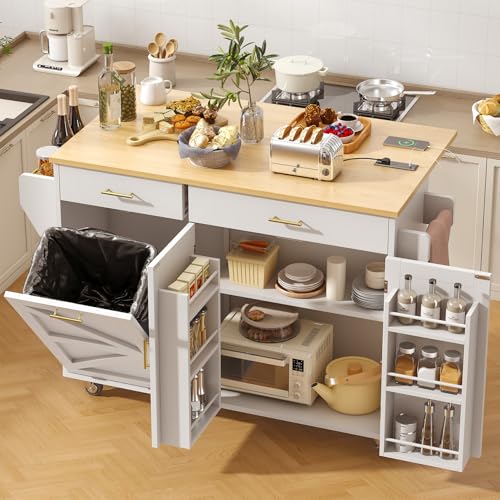 Kitchen Island Cart with Trash Can Storage on Wheels G95106