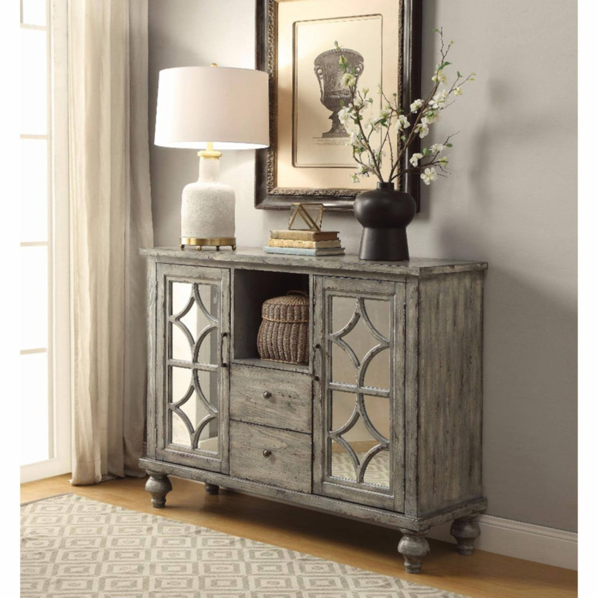 Console Table with 2 Doors and 2 Drawers, Weathered Gray L555367