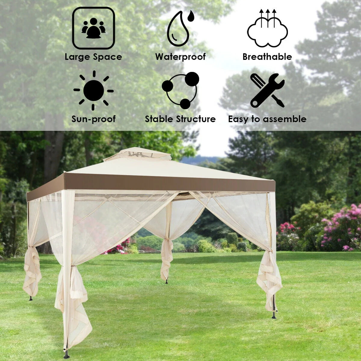 10'x 10' Beige Canopy Gazebo with Mosquito Netting S623