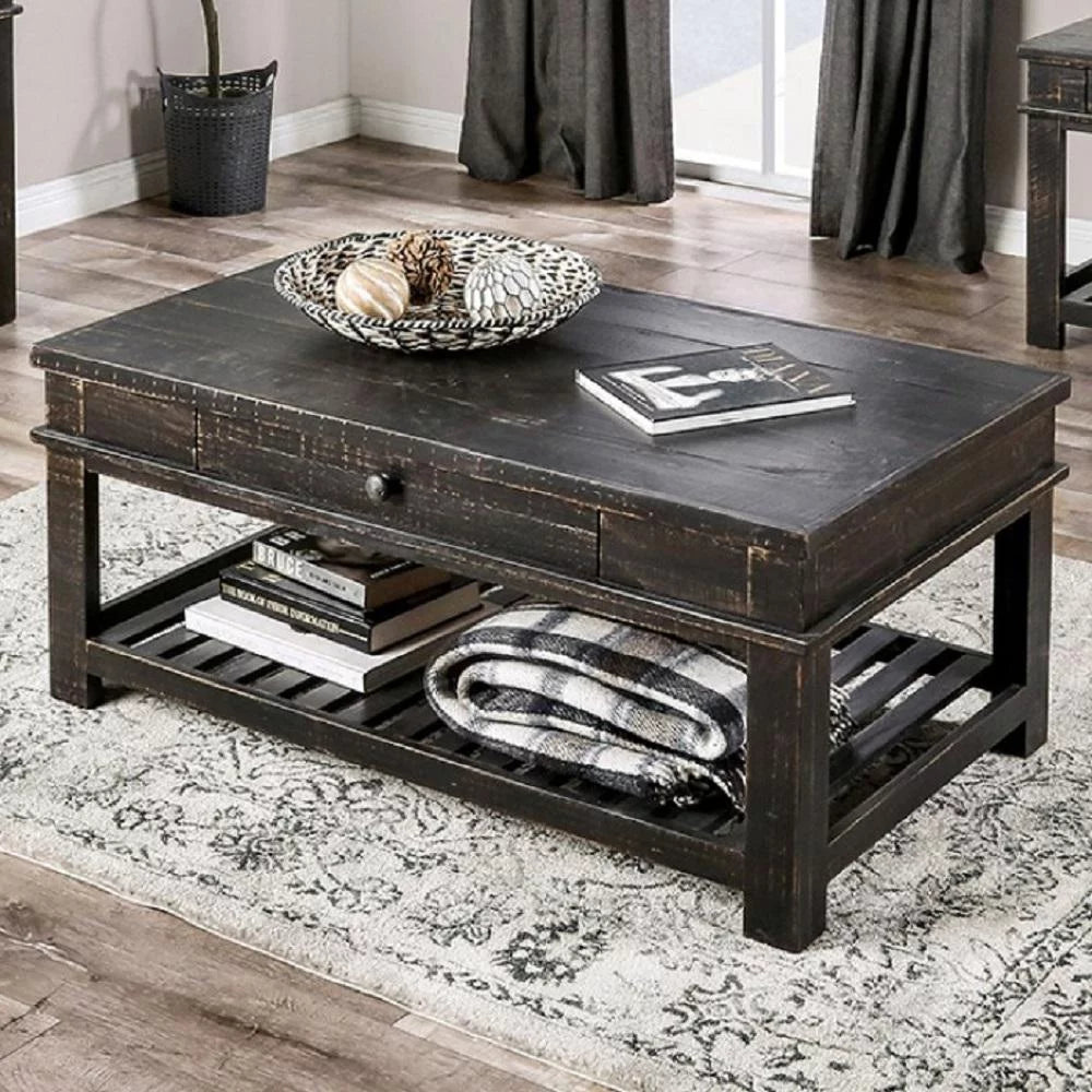 Black Solid Wood Brazilian Pine Coffee Table Set 3pcs U507
