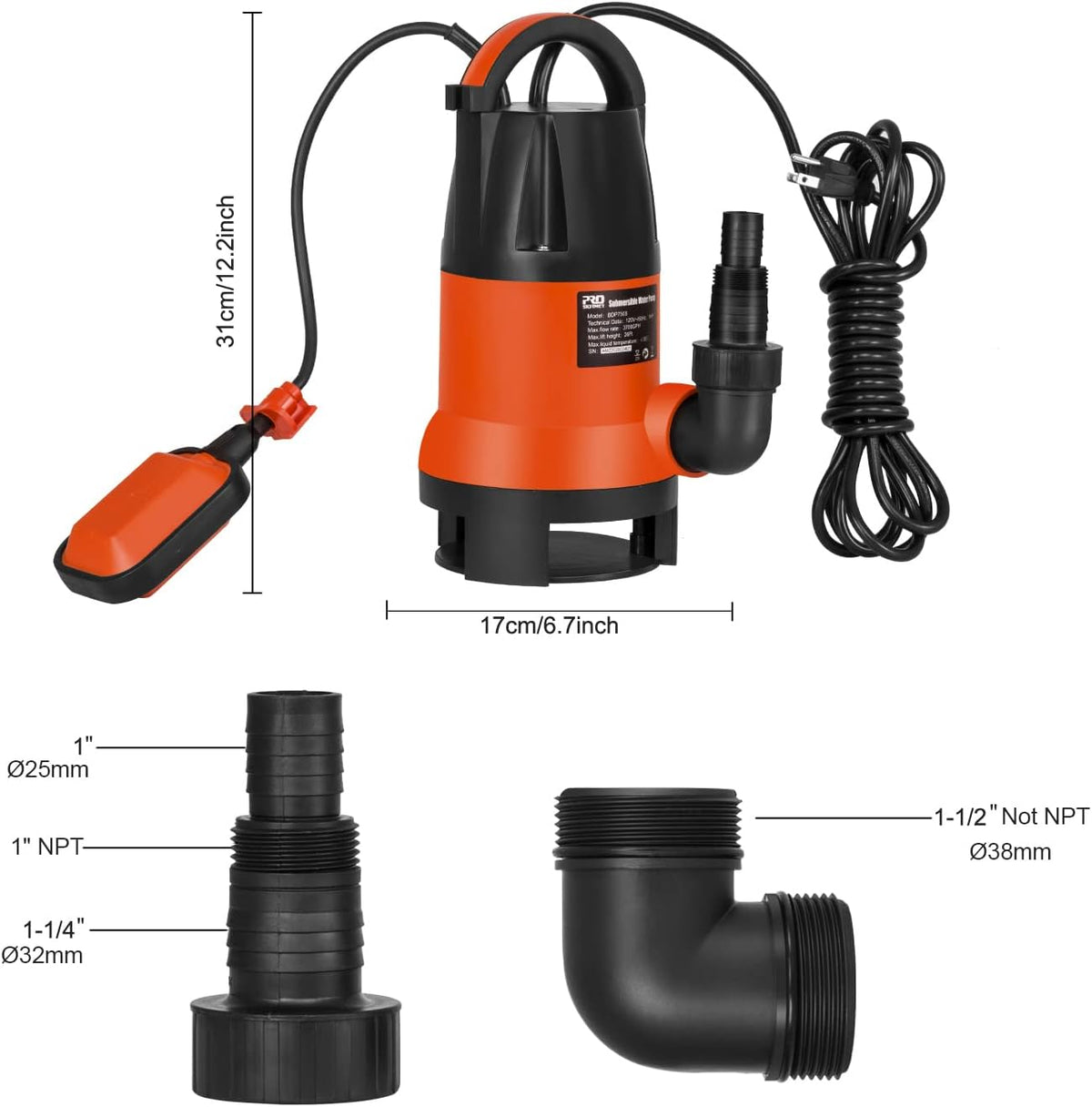 2 Pack 1HP 3700GPH Submersible Clean/Dirty Water Pump with Automatic Float Switch W617