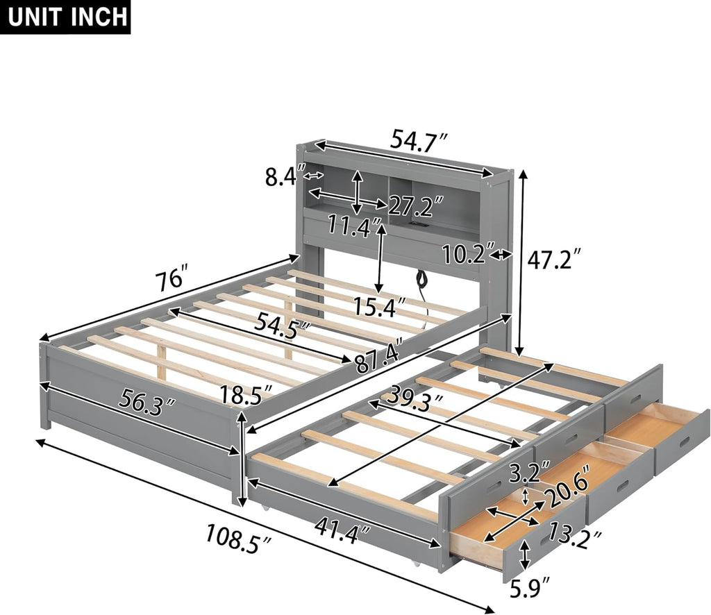 Full Platform Bed with Bookcase Headboard 3 Drawers Wood Storage Bed Frame Grey D210700