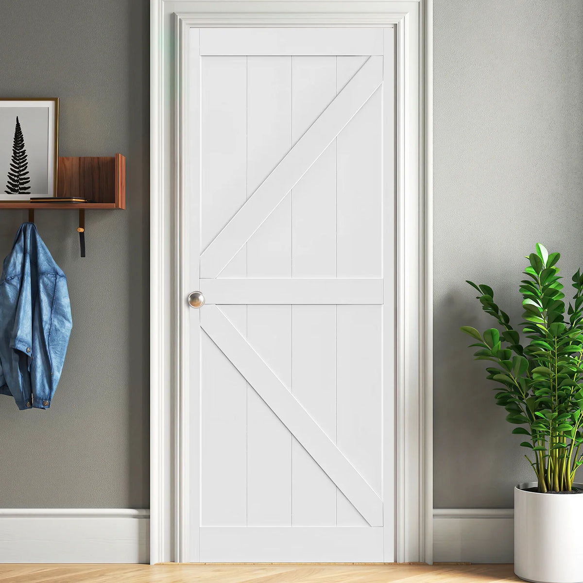 White Primed Paneled Wood Sliding Barn Door A696