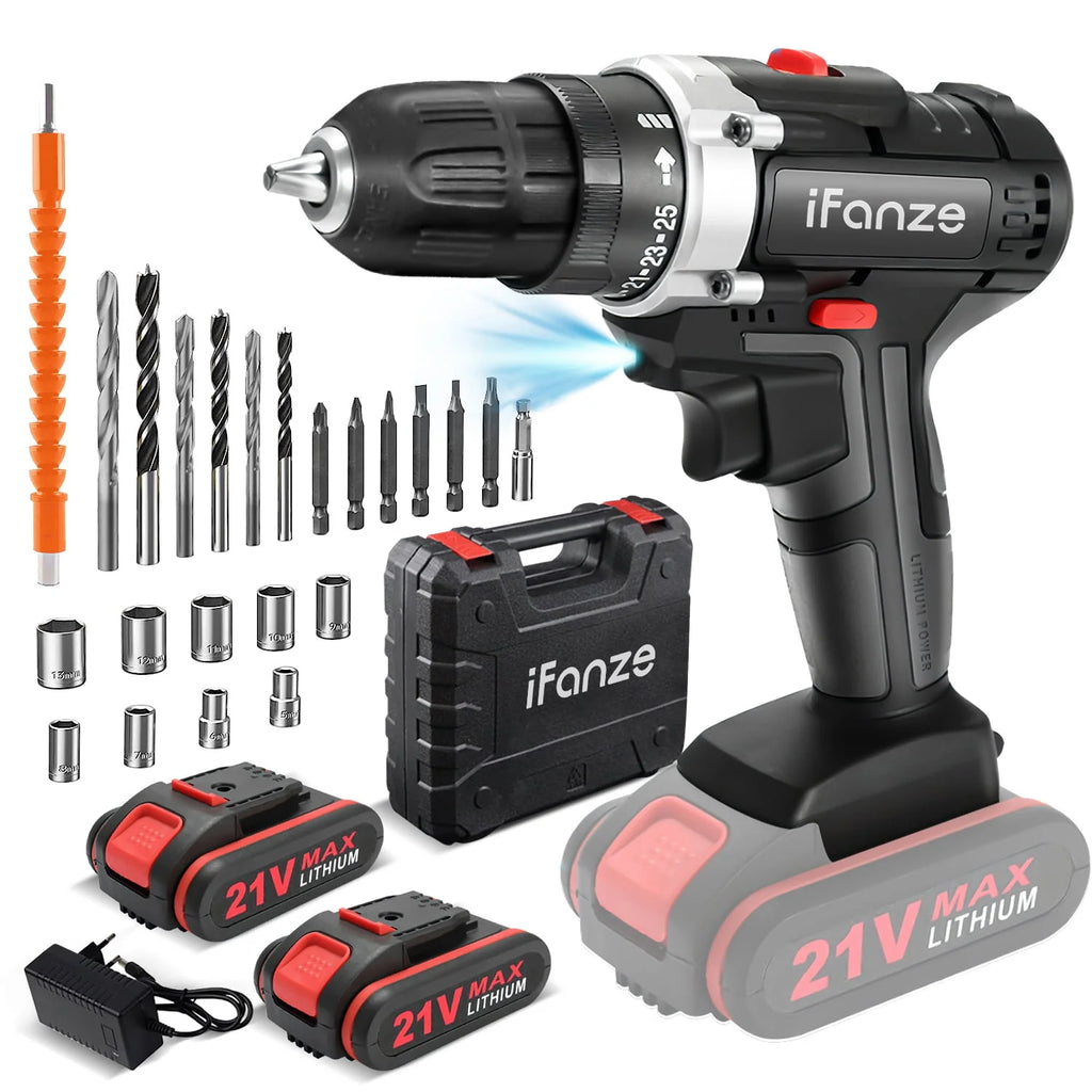 21V Cordless 3/8 inch Power Drill Driver Set with 2 Batteries D5861