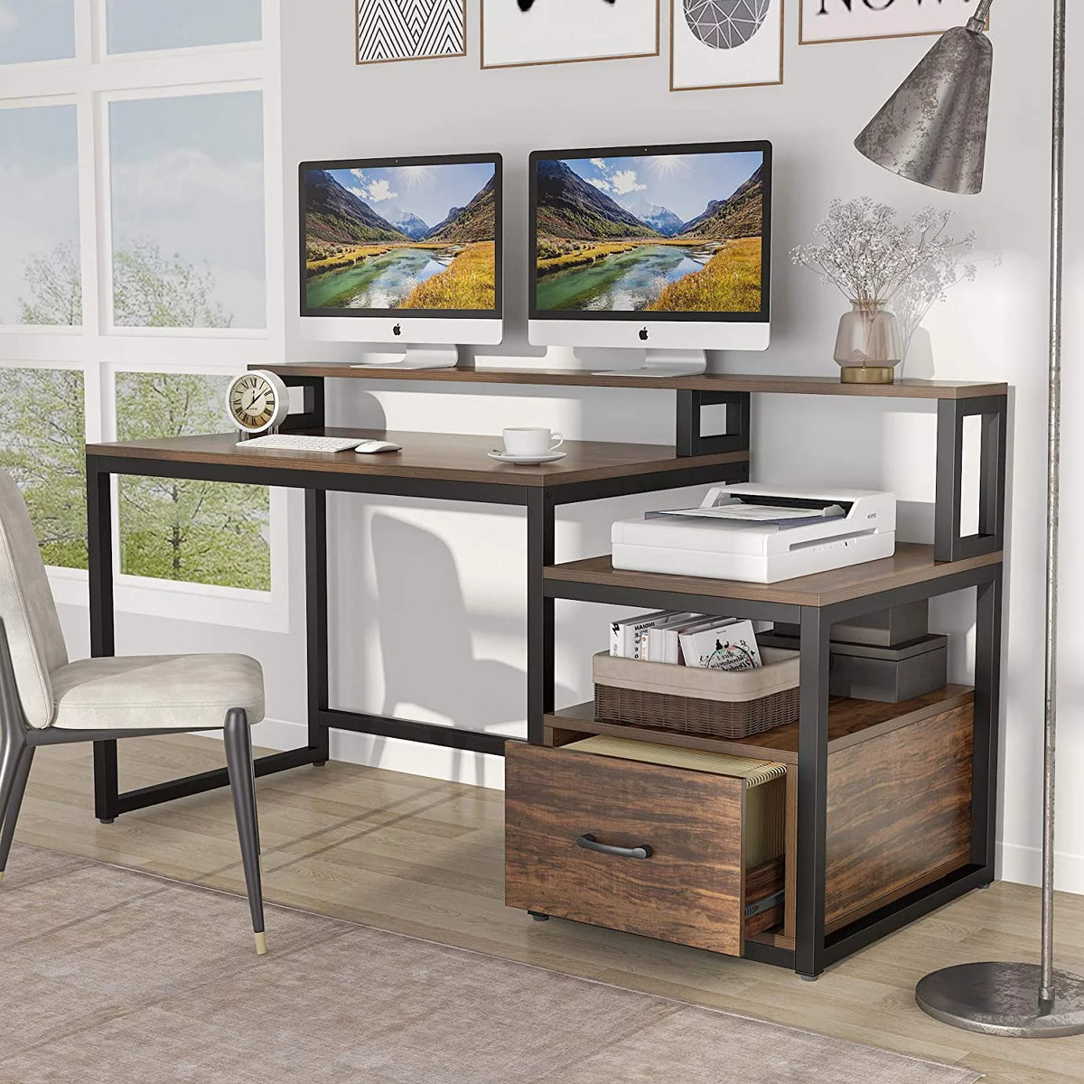 59 inch Computer Desk with Storage Shelves and File Drawer G881367